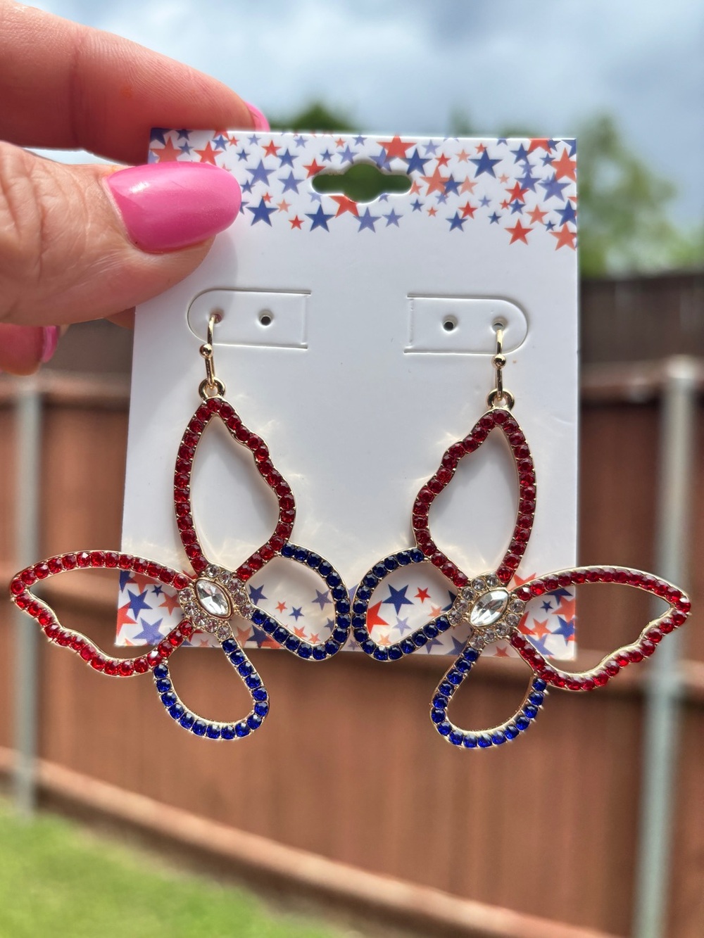 Red & Blue Rhinestone Butterfly Dangle Earrings